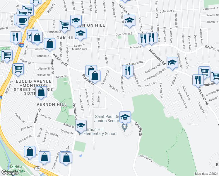 map of restaurants, bars, coffee shops, grocery stores, and more near 76 Granite Street in Worcester