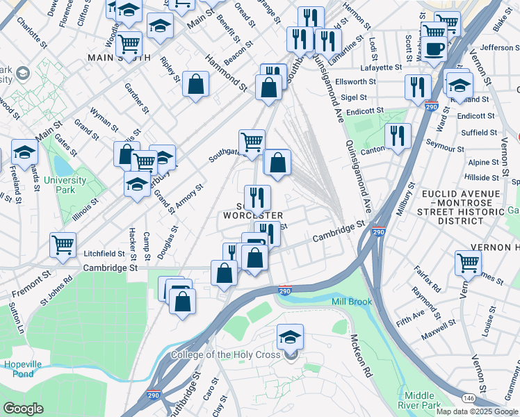map of restaurants, bars, coffee shops, grocery stores, and more near 10 Washburn Street in Worcester