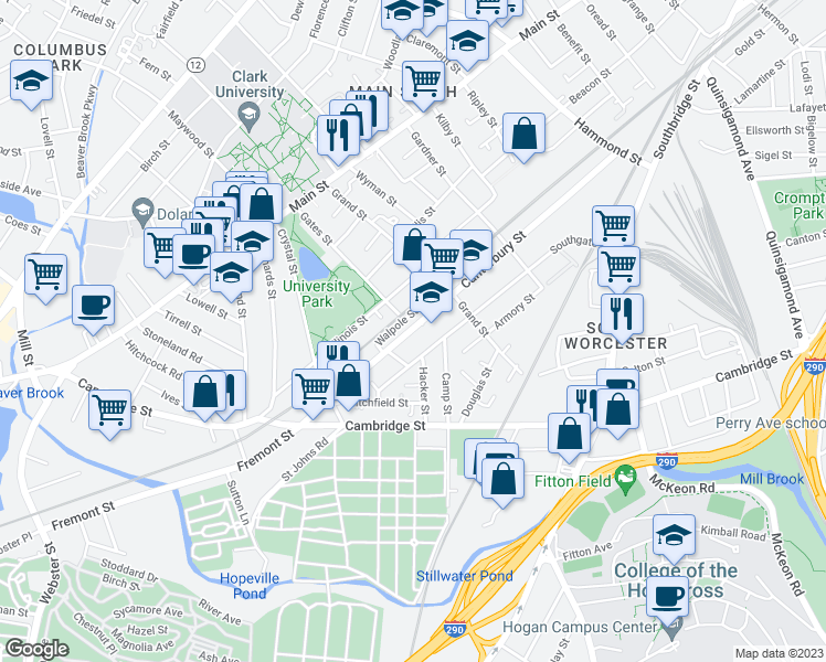 map of restaurants, bars, coffee shops, grocery stores, and more near 157 Canterbury Street in Worcester