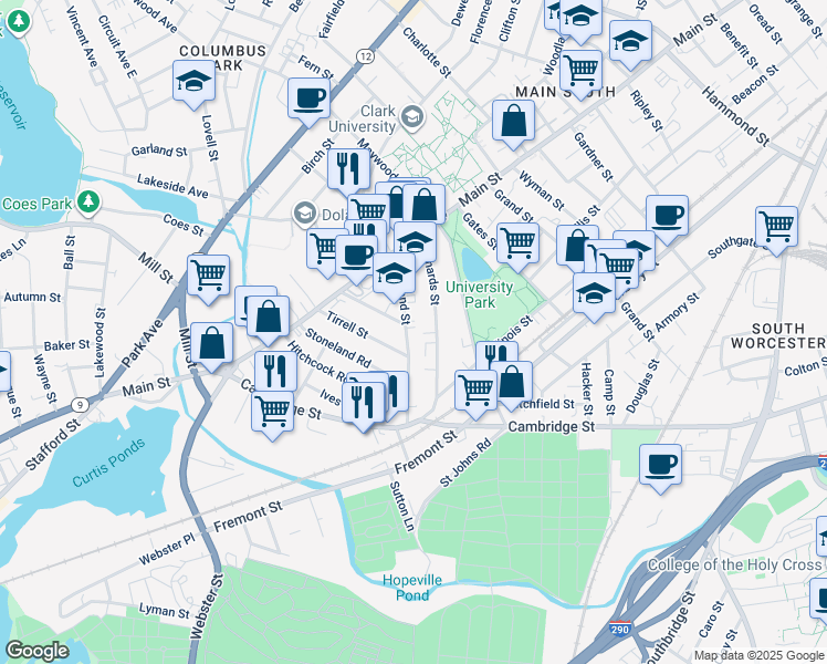 map of restaurants, bars, coffee shops, grocery stores, and more near 27 Freeland Street in Worcester