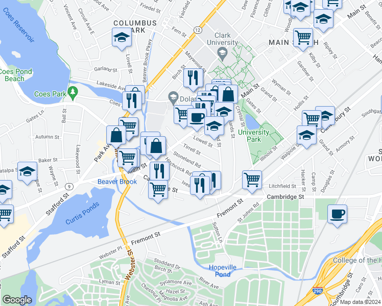 map of restaurants, bars, coffee shops, grocery stores, and more near 13 Stoneland Road in Worcester