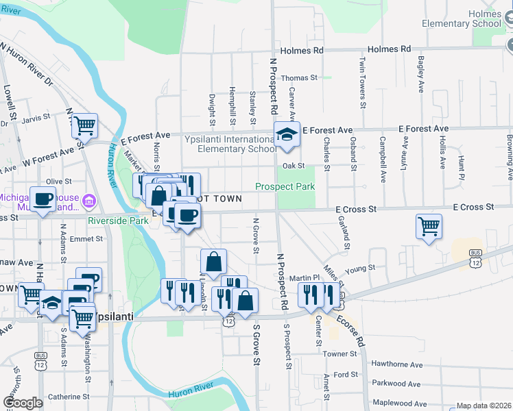 map of restaurants, bars, coffee shops, grocery stores, and more near 402 East Cross Street in Ypsilanti