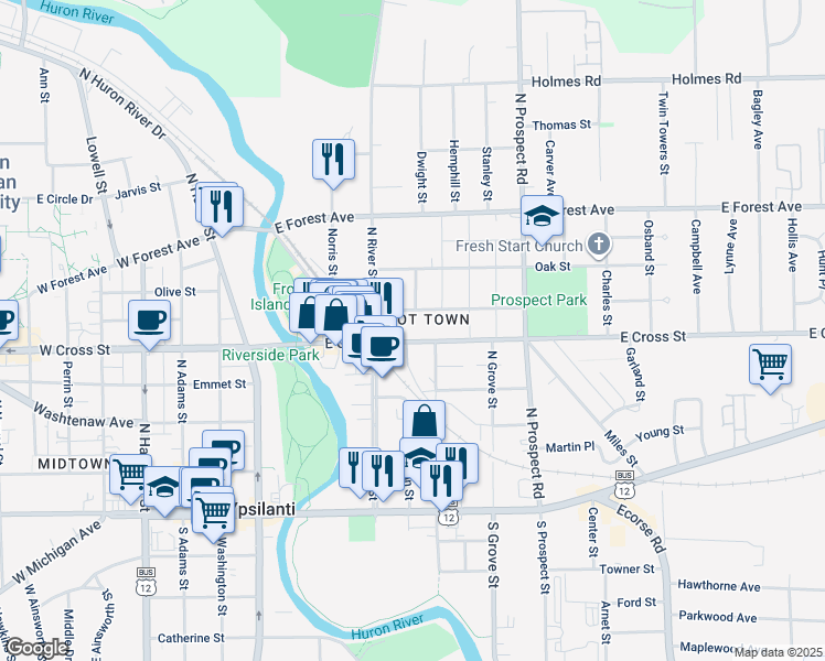 map of restaurants, bars, coffee shops, grocery stores, and more near 204 East Cross Street in Ypsilanti