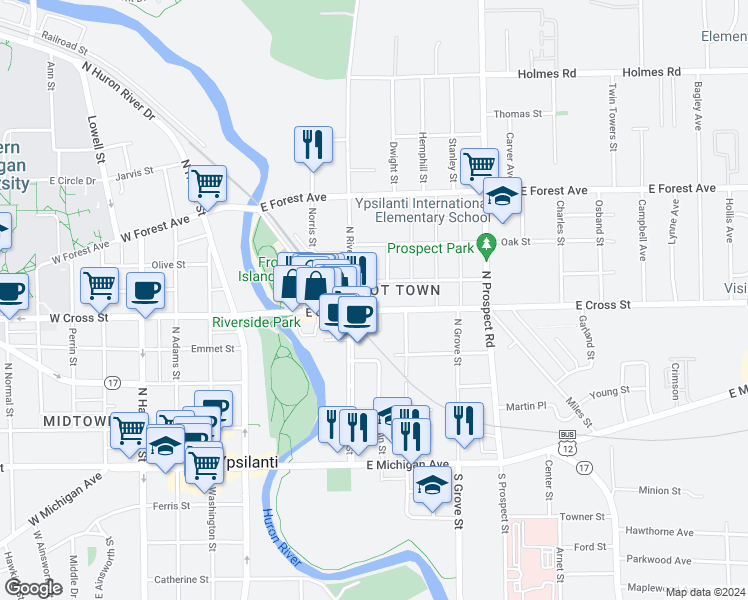 map of restaurants, bars, coffee shops, grocery stores, and more near 204 East Cross Street in Ypsilanti