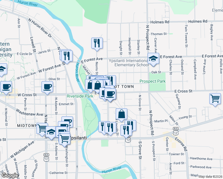 map of restaurants, bars, coffee shops, grocery stores, and more near 400 North River Street in Ypsilanti