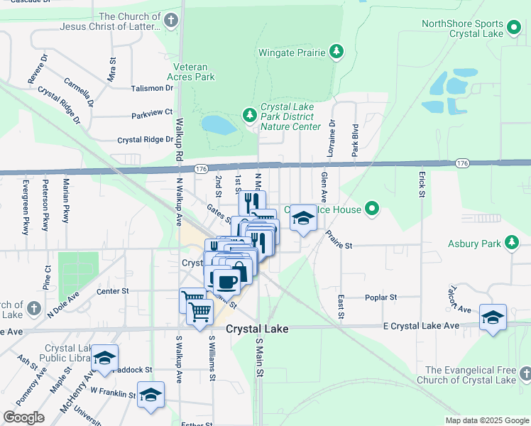 map of restaurants, bars, coffee shops, grocery stores, and more near 136 Prairie Street in Crystal Lake