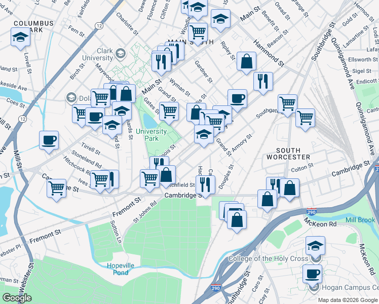 map of restaurants, bars, coffee shops, grocery stores, and more near 152 Canterbury Street in Worcester