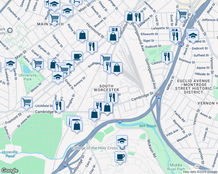 map of restaurants, bars, coffee shops, grocery stores, and more near 10 Washburn Street in Worcester