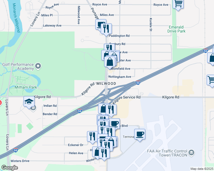 map of restaurants, bars, coffee shops, grocery stores, and more near 4186 Portage Road in Kalamazoo