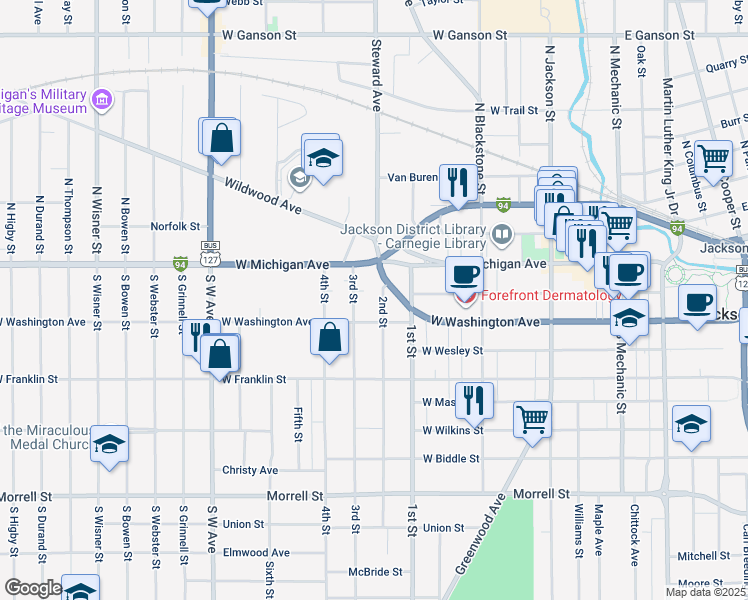map of restaurants, bars, coffee shops, grocery stores, and more near 206 2nd Street in Jackson