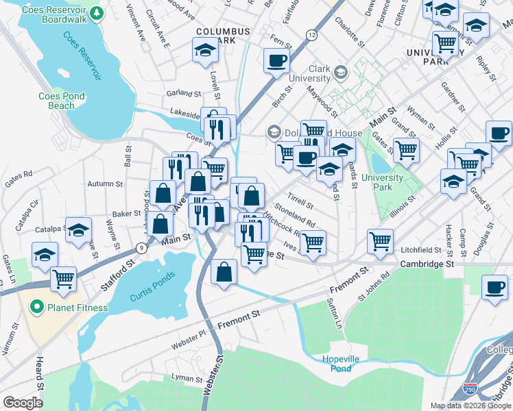 map of restaurants, bars, coffee shops, grocery stores, and more near 1048 Main Street in Worcester