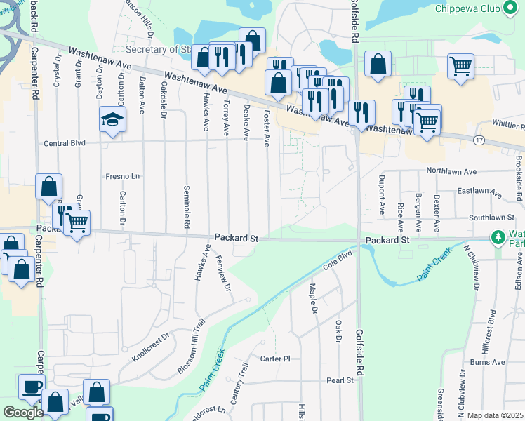 map of restaurants, bars, coffee shops, grocery stores, and more near 2892 Foster Avenue in Ann Arbor