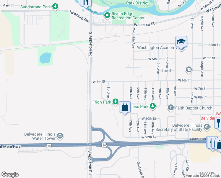 map of restaurants, bars, coffee shops, grocery stores, and more near 1406 15th Avenue in Belvidere