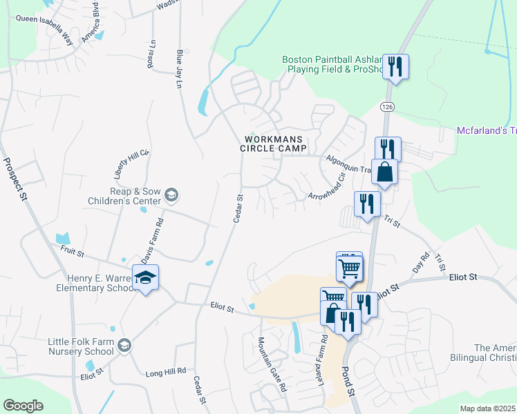 map of restaurants, bars, coffee shops, grocery stores, and more near 9 Captain Eames Circle in Ashland