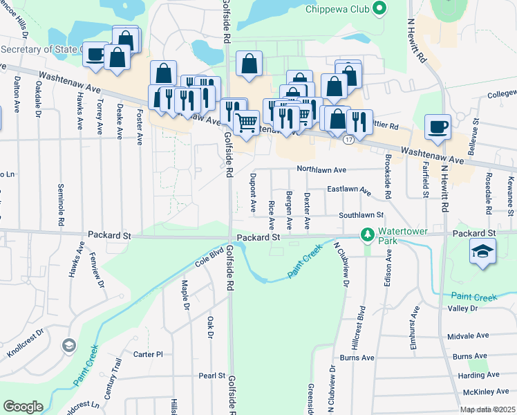 map of restaurants, bars, coffee shops, grocery stores, and more near 458 Dupont Avenue in Ypsilanti