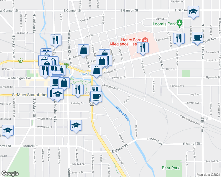 map of restaurants, bars, coffee shops, grocery stores, and more near 505 Hupp Avenue in Jackson