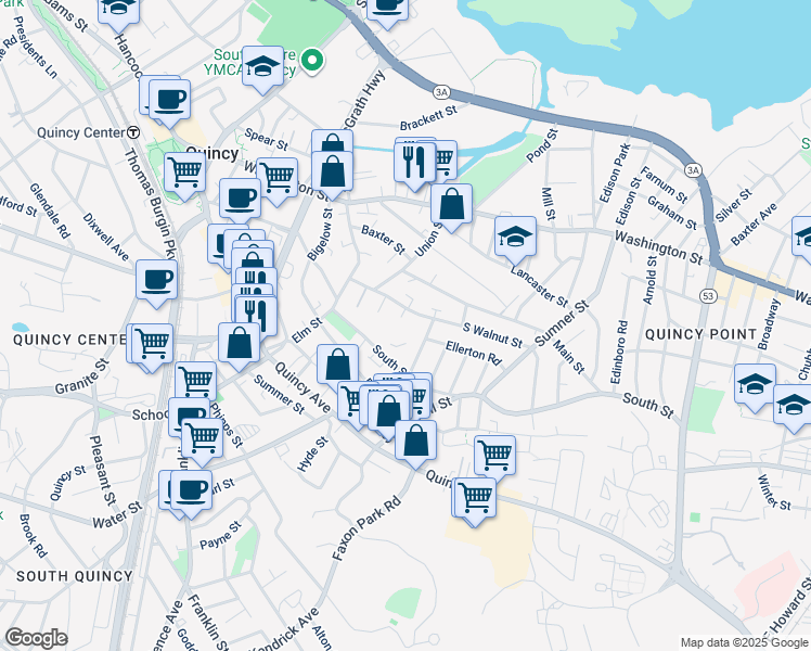 map of restaurants, bars, coffee shops, grocery stores, and more near 58 South Street in Quincy