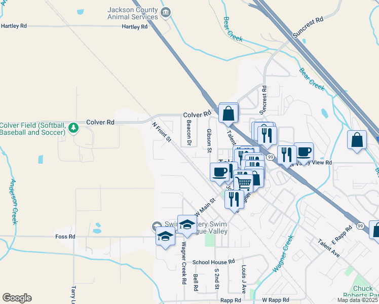 map of restaurants, bars, coffee shops, grocery stores, and more near 107 Fairview Street in Talent