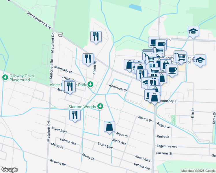map of restaurants, bars, coffee shops, grocery stores, and more near 6099 North Woodmont Avenue in Windsor