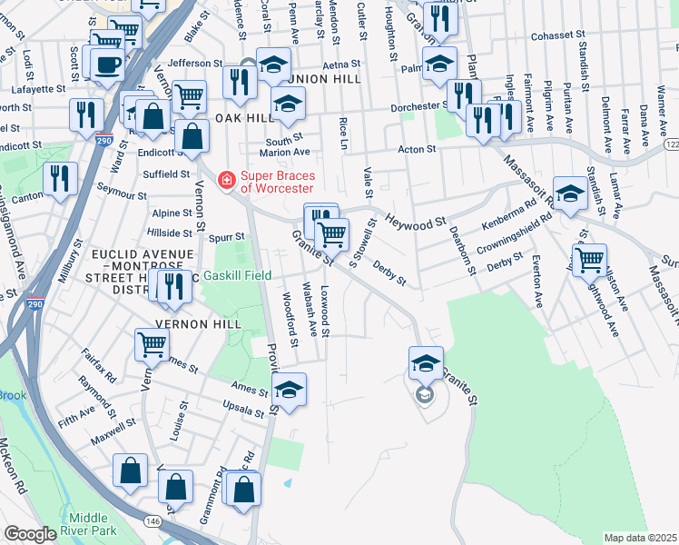 map of restaurants, bars, coffee shops, grocery stores, and more near in Worcester