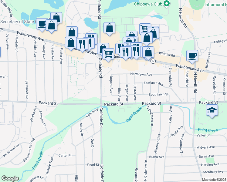 map of restaurants, bars, coffee shops, grocery stores, and more near 3110 Southlawn Street in Ypsilanti