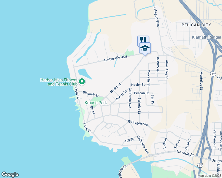 map of restaurants, bars, coffee shops, grocery stores, and more near 905 Hanks Street in Klamath Falls