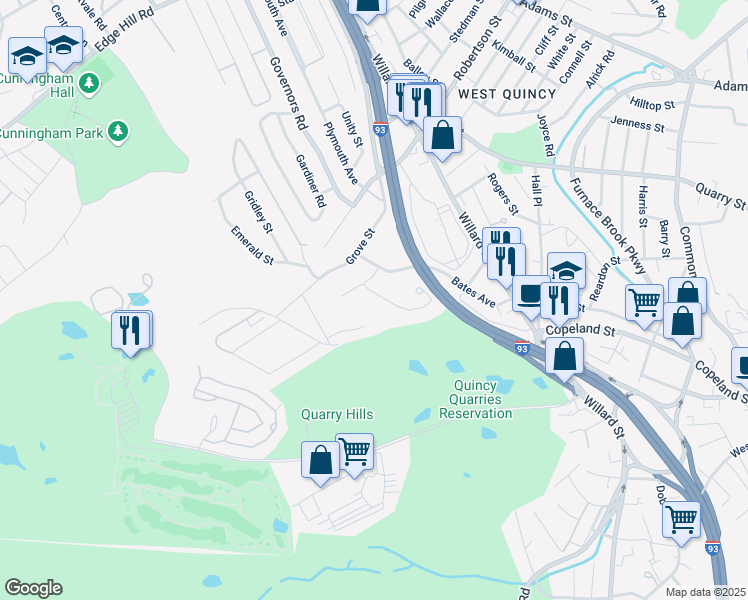 map of restaurants, bars, coffee shops, grocery stores, and more near 15 Mullin Avenue in Quincy