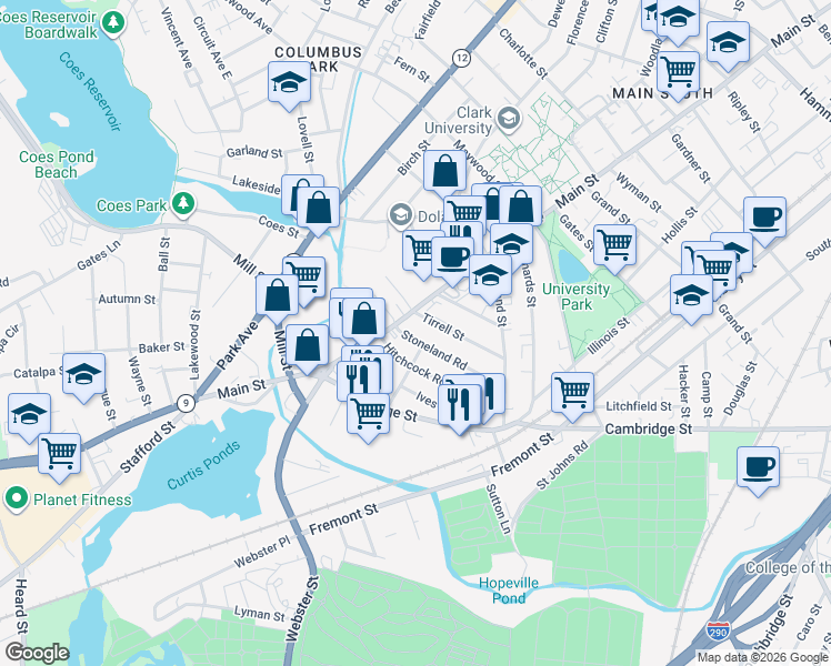 map of restaurants, bars, coffee shops, grocery stores, and more near 13 Stoneland Road in Worcester