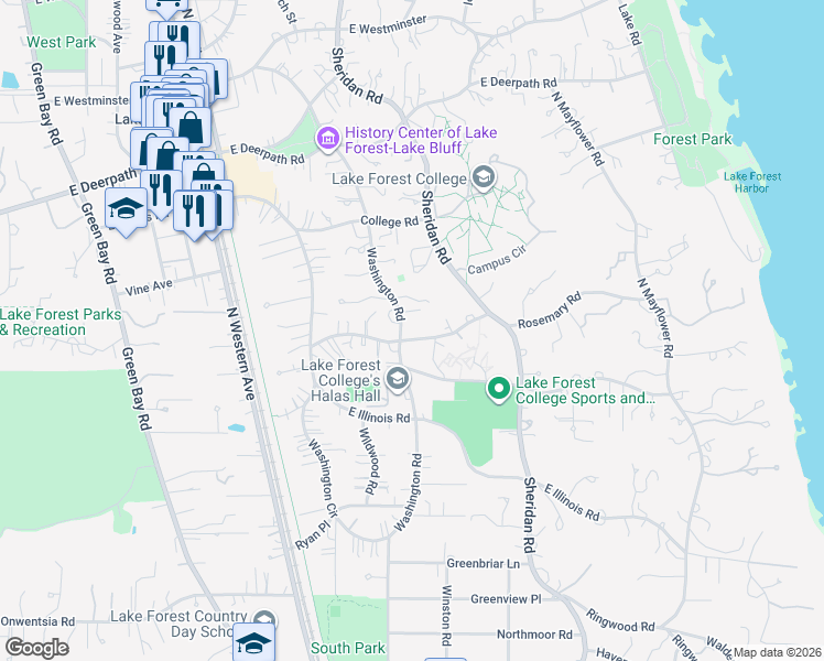 map of restaurants, bars, coffee shops, grocery stores, and more near 341 Washington Road in Lake Forest