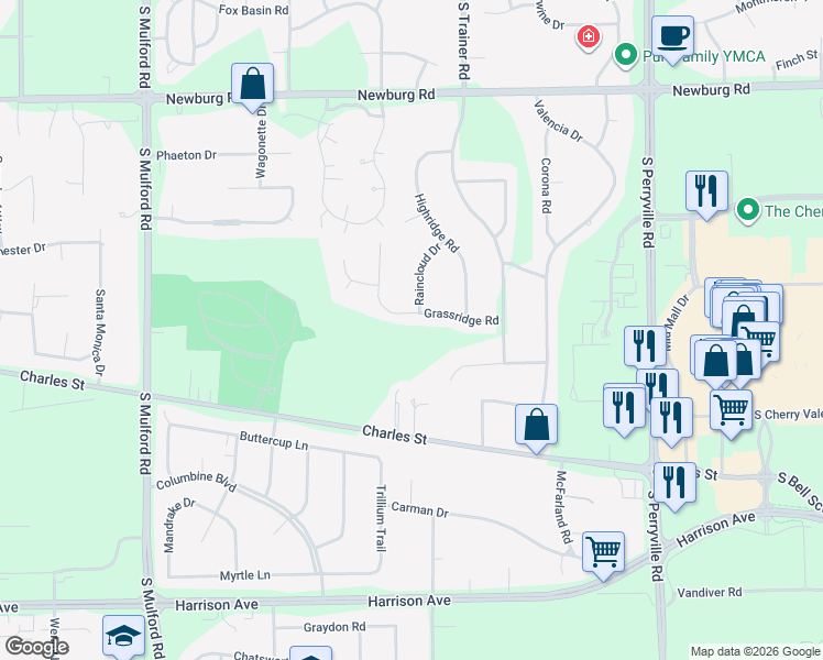 map of restaurants, bars, coffee shops, grocery stores, and more near 6521 Grassridge Road in Rockford
