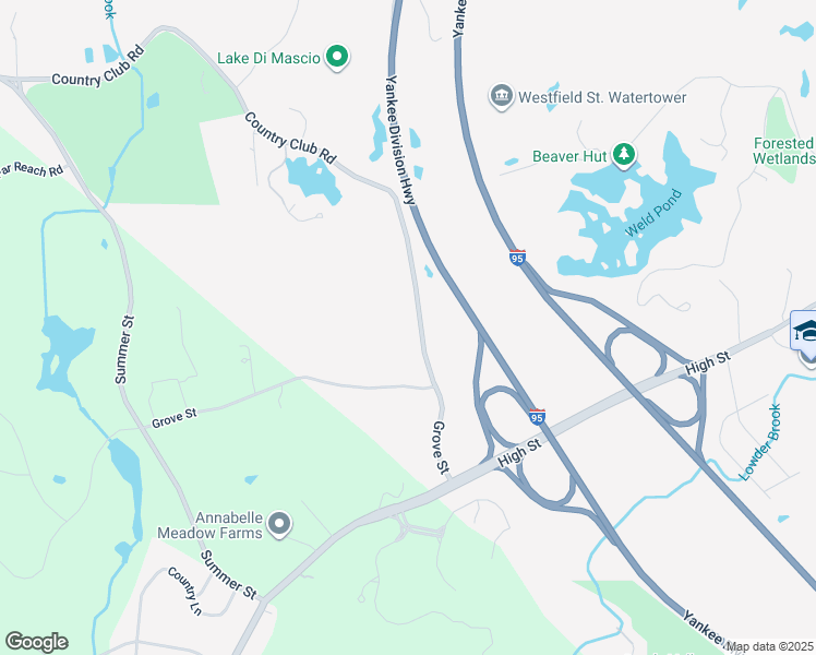map of restaurants, bars, coffee shops, grocery stores, and more near 36 Country Club Road in Dedham