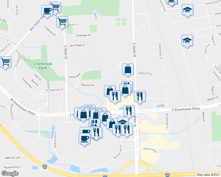 map of restaurants, bars, coffee shops, grocery stores, and more near 630 Hidden Valley Club Drive in Ann Arbor