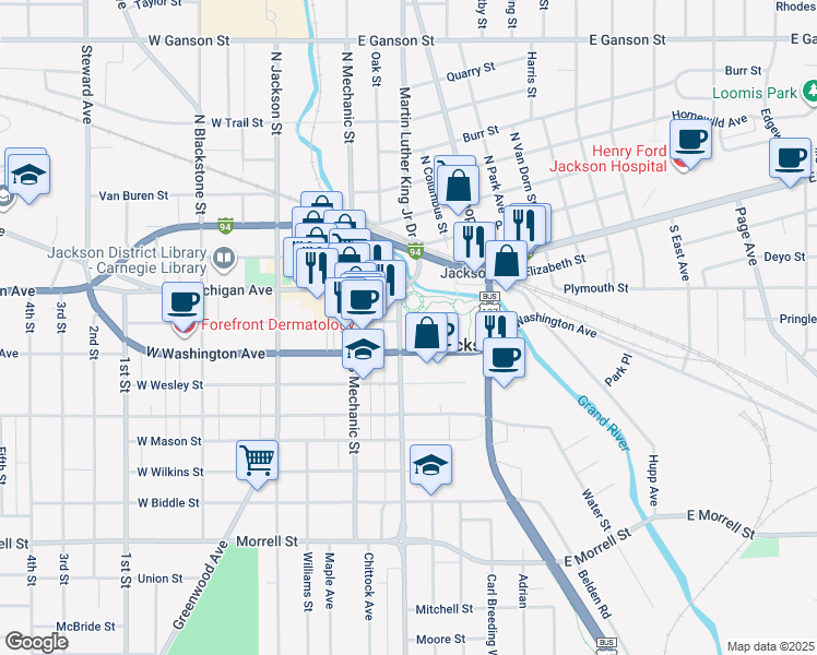 map of restaurants, bars, coffee shops, grocery stores, and more near 1 Energy Plaza in Jackson