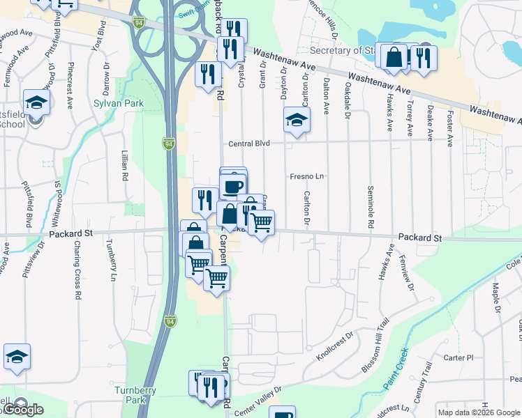 map of restaurants, bars, coffee shops, grocery stores, and more near 2911 Grant Drive in Ann Arbor