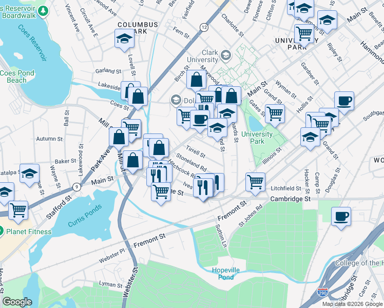 map of restaurants, bars, coffee shops, grocery stores, and more near 13 Stoneland Road in Worcester