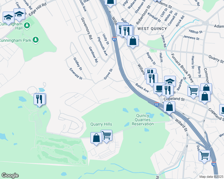 map of restaurants, bars, coffee shops, grocery stores, and more near 15 Mullin Avenue in Quincy