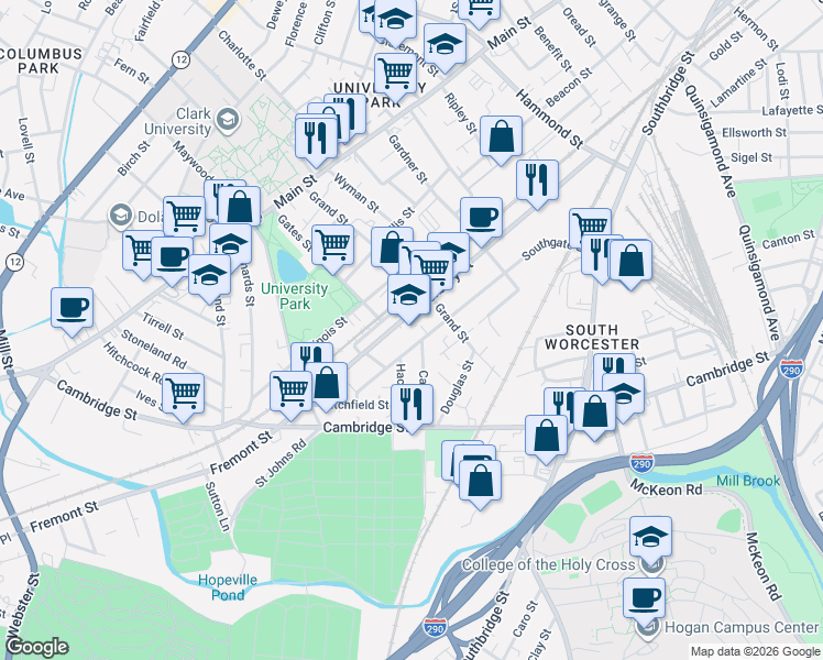 map of restaurants, bars, coffee shops, grocery stores, and more near 89 Southgate Street in Worcester