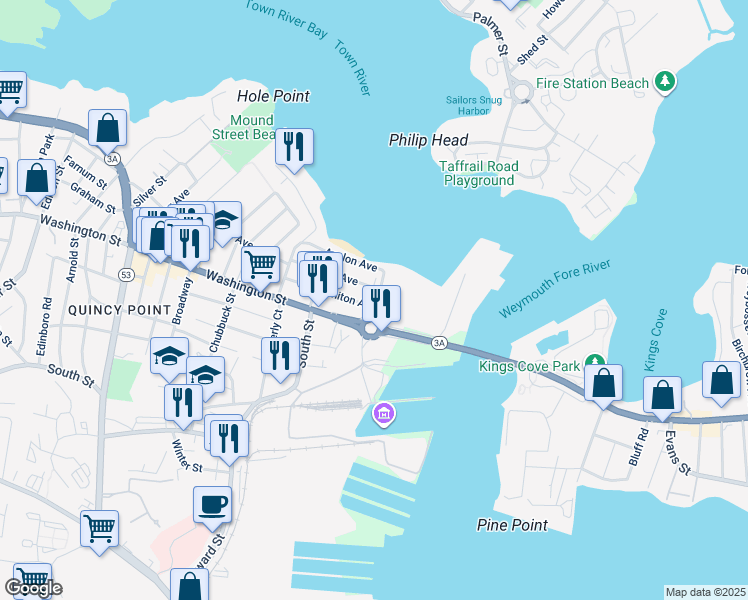 map of restaurants, bars, coffee shops, grocery stores, and more near 694 Washington Street in Quincy