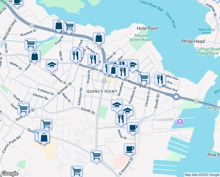 map of restaurants, bars, coffee shops, grocery stores, and more near 38 Germain Avenue in Quincy