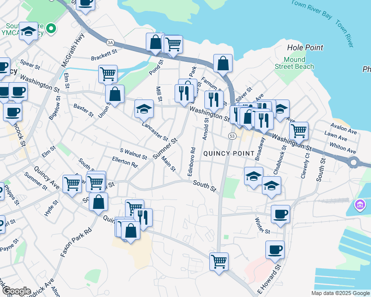 map of restaurants, bars, coffee shops, grocery stores, and more near 25 Harrington Avenue in Quincy