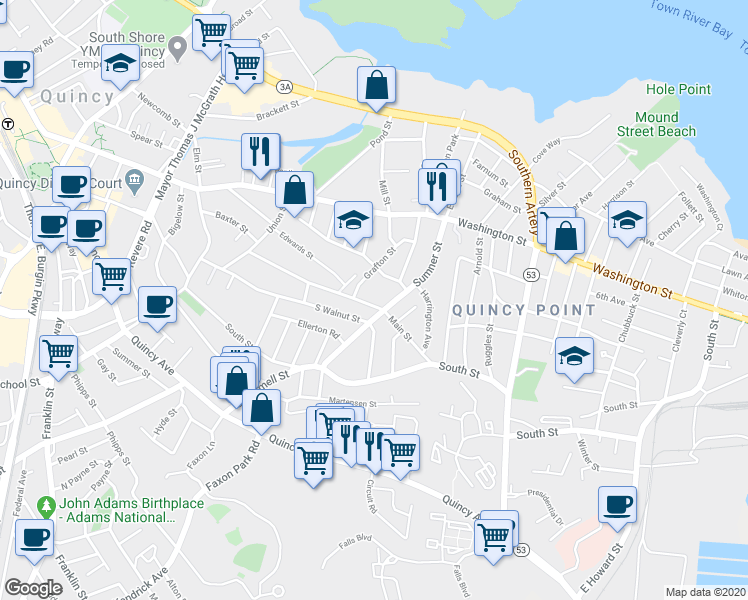 map of restaurants, bars, coffee shops, grocery stores, and more near 141 Main Street in Quincy
