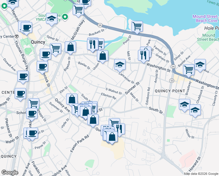 map of restaurants, bars, coffee shops, grocery stores, and more near 115 South Walnut Street in Quincy