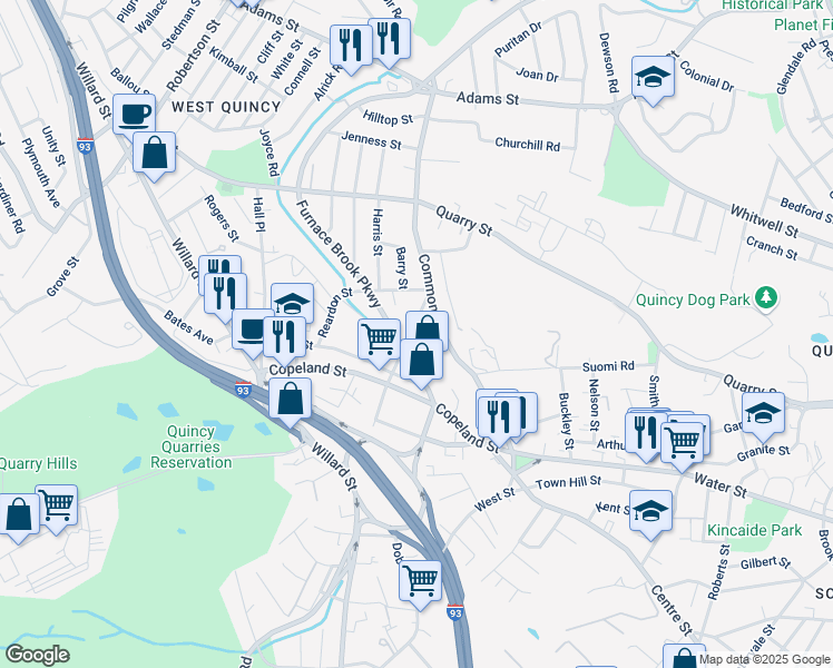 map of restaurants, bars, coffee shops, grocery stores, and more near 38 Cross Street in Quincy
