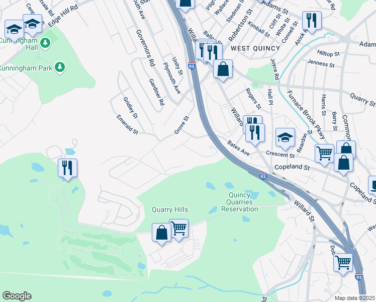 map of restaurants, bars, coffee shops, grocery stores, and more near 15 Mullin Avenue in Quincy