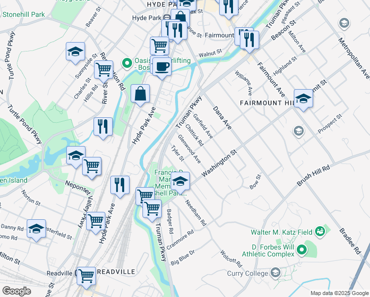 map of restaurants, bars, coffee shops, grocery stores, and more near 85 Loring Street in Boston