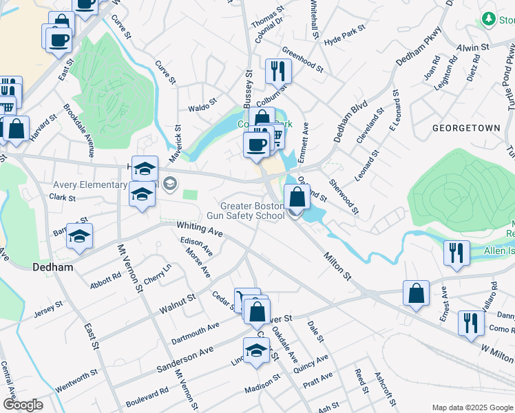 map of restaurants, bars, coffee shops, grocery stores, and more near 70 Macomber Terrace in Dedham
