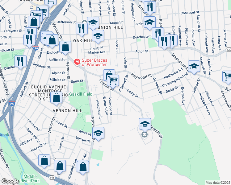 map of restaurants, bars, coffee shops, grocery stores, and more near in Worcester