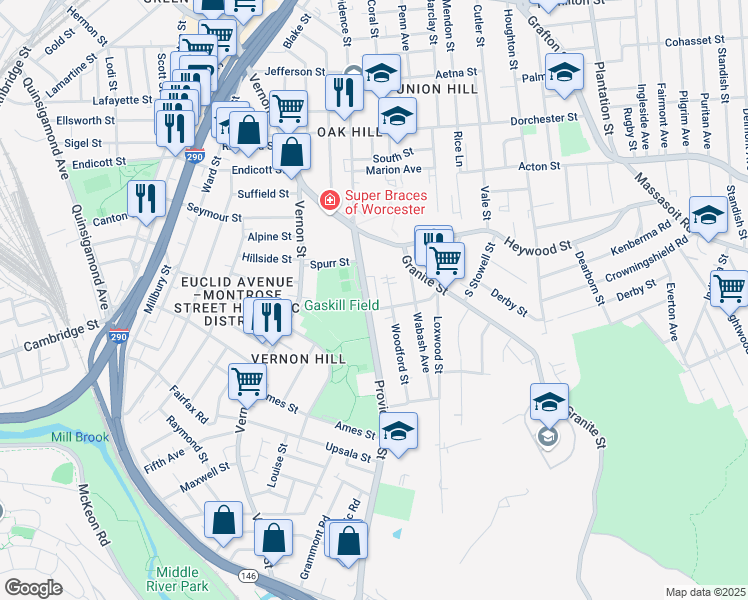 map of restaurants, bars, coffee shops, grocery stores, and more near 141 Providence Street in Worcester