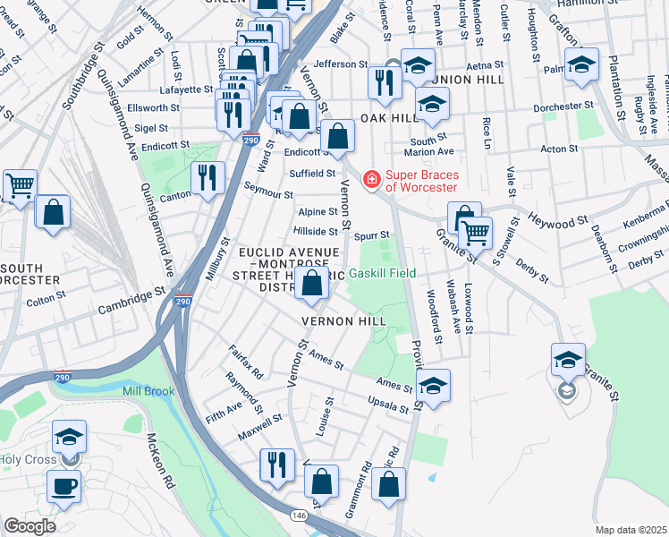 map of restaurants, bars, coffee shops, grocery stores, and more near 5 Montrose Street in Worcester