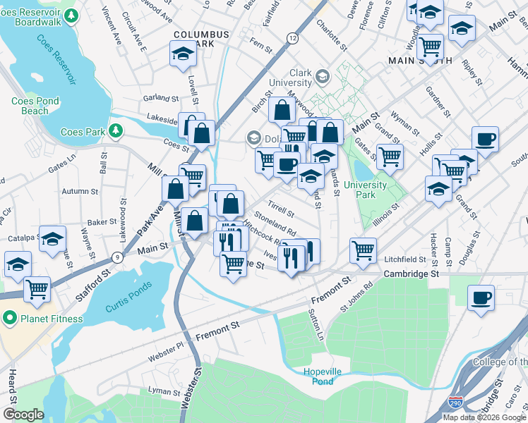 map of restaurants, bars, coffee shops, grocery stores, and more near 13 Stoneland Road in Worcester